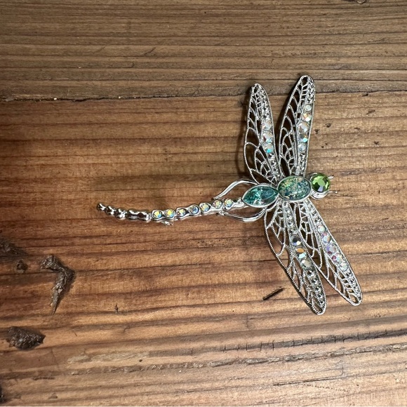 Silver Dragonfly Brooch with Green and Blue Accents - Picture 2 of 3
